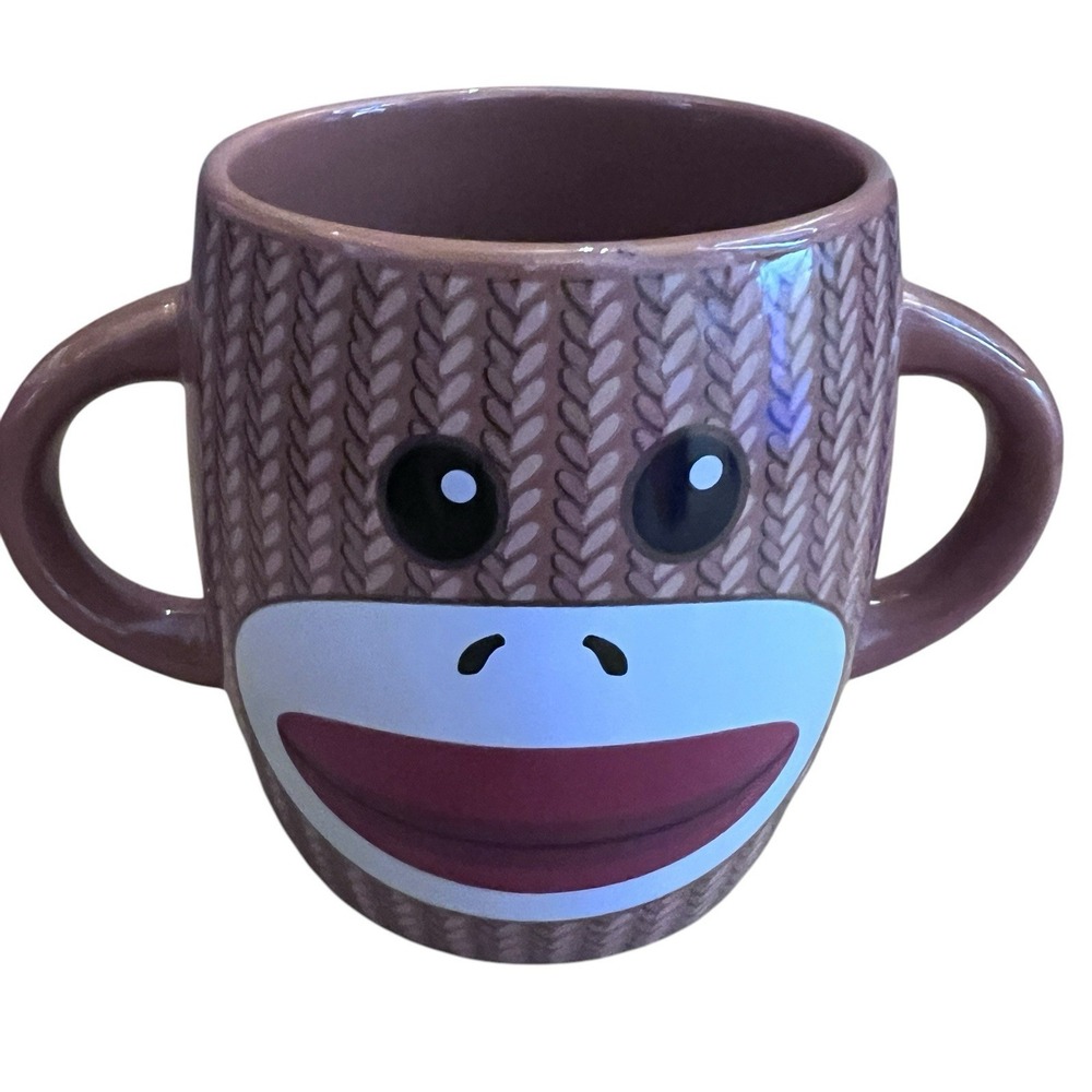 Galerie Sock Monkey Ceramic Coffee‎ Tea Mug Cup Double Handle 4" Tall Novelty